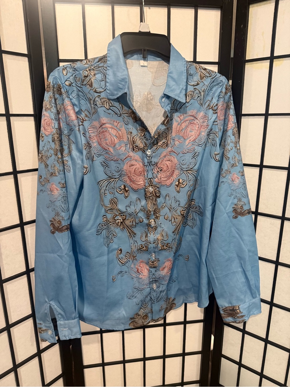 Light Blue Floral Button-Up Blouse with Pink Roses